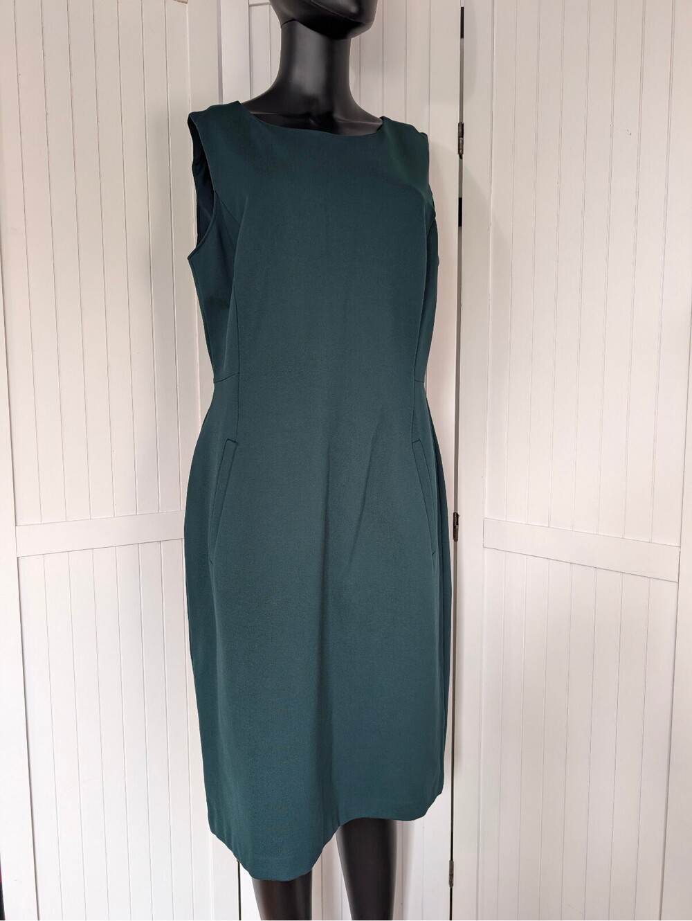 Lands' End Dress 14 Deep Balsam Green Ponte Sheath Sleeveless Pockets NWT